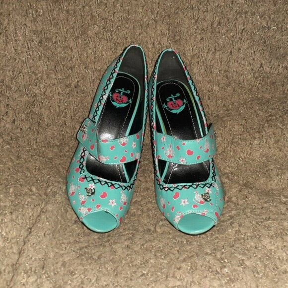 T.U.K. TUK-Rockabilly-Retro-Turquoise Mary Janes-Peep-Toe-Hearts/Anchors-Sz 7-EX - Picture 3 of 7